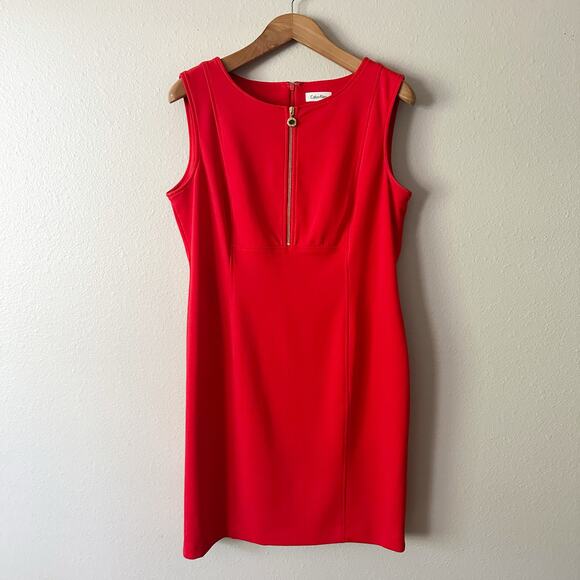 Calvin Klein Sleeveless Sheath Goldtone Red Zipper Dress Women's Plus Size 16 - Picture 1 of 12
